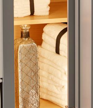 These Gray and Medium cabinets for the 2021 Exhibit Booth home were provided by Wellborn Cabinet, Inc.