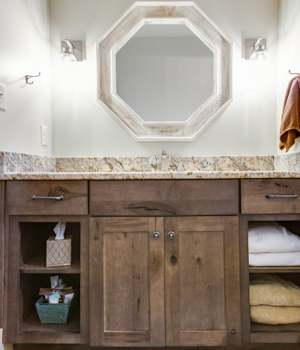 A Character Maple Bath featuring Hanover cabinet doors in Drift from Wellborn Cabinet, Inc.