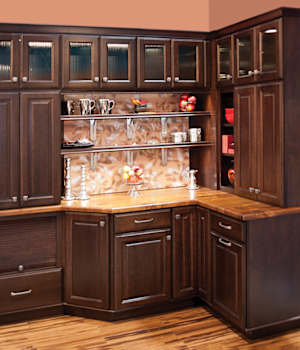 A Maple Hutch and Refreshment Areas featuring Bedford Square cabinet doors in Espresso from Wellborn Cabinet, Inc.