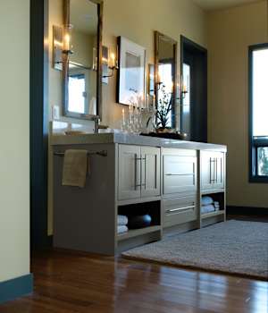 A Maple Bath featuring Hanover Inset cabinet doors in Olive from Wellborn Cabinet, Inc.