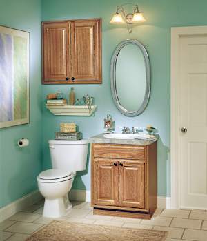 A Oak Bath featuring Kingston Square cabinet doors in Medium from Wellborn Cabinet, Inc.