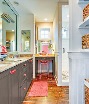 A Maple Bath featuring Sonoma cabinet doors in Mink Gray Java from Wellborn Cabinet, Inc.