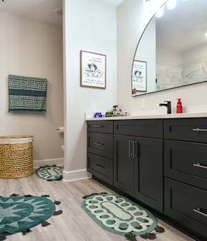 A Medium Density Fiberboard Bath featuring Saybrook cabinet doors in Onyx from Wellborn Cabinet, Inc.