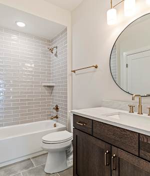 A Oak Bath featuring Prairie cabinet doors in Peppermill from Wellborn Cabinet, Inc.