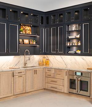 A Hickory and Maple Kitchen featuring Hanover cabinet doors in Boardwalk and Bleu from Wellborn Cabinet, Inc.