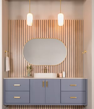 A Medium Density Fiberboard Bath featuring Alto cabinet doors in Cape from Wellborn Cabinet, Inc.