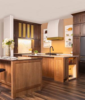 A Cherry, Oak, and Hickory Kitchen featuring Wyatt cabinet doors in Alabaster, Peppermill, and River Rock Charcoal from Wellborn Cabinet, Inc.