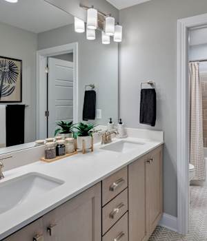 A Maple Bath featuring Galena Square cabinet doors in Shale from Wellborn Cabinet, Inc.