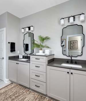 A Maple Bath featuring Hanover cabinet doors in Whisper from Wellborn Cabinet, Inc.