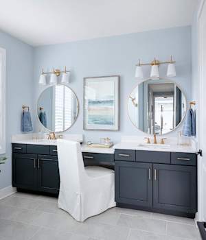 A Maple Bath featuring Lexington cabinet doors in Bleu from Wellborn Cabinet, Inc.