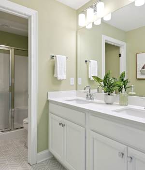 A Maple Bath featuring Lexington cabinet doors in Bright White from Wellborn Cabinet, Inc.