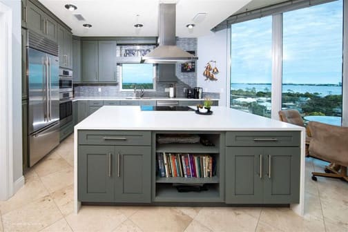 A Maple Kitchen featuring Bristol cabinet doors in Willow from Wellborn Cabinet, Inc.