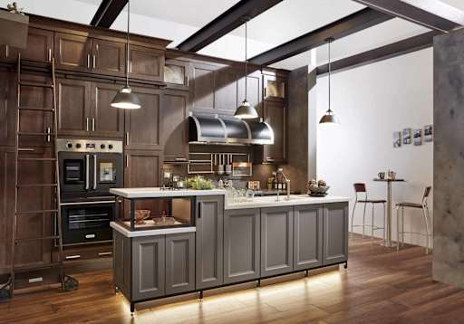 stained kitchen cabinets, concrete countertop, barn doors, industrial kitchen