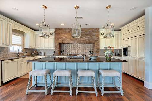 light blue kitchen island