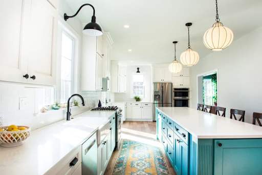 blue kitchen island.