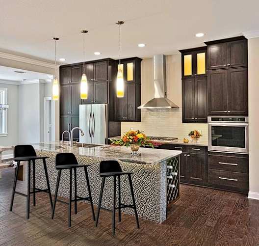 Stained natural wood kitchen cabinets