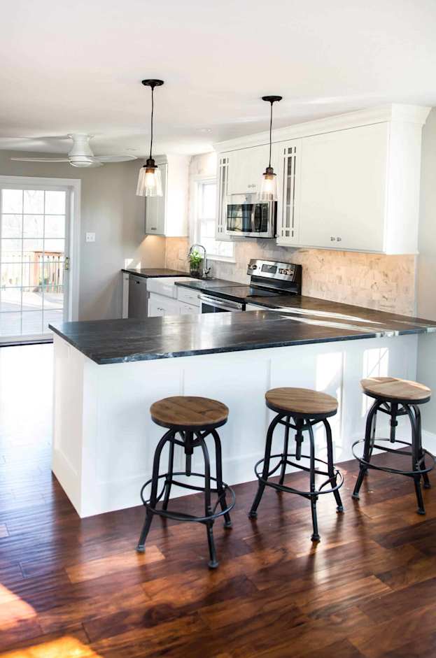 white shaker style cabinetry in kitchen small kitchen barstools