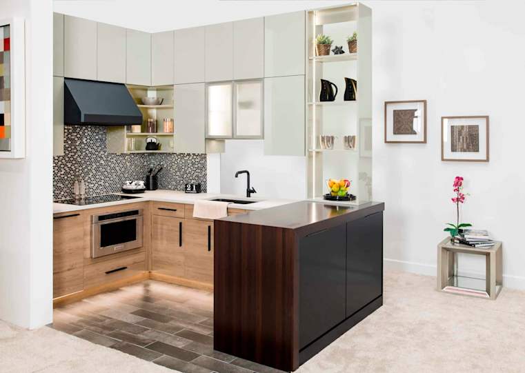 open kitchen with two-tone cabinets