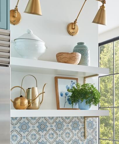 white floating shelves in kitchen 