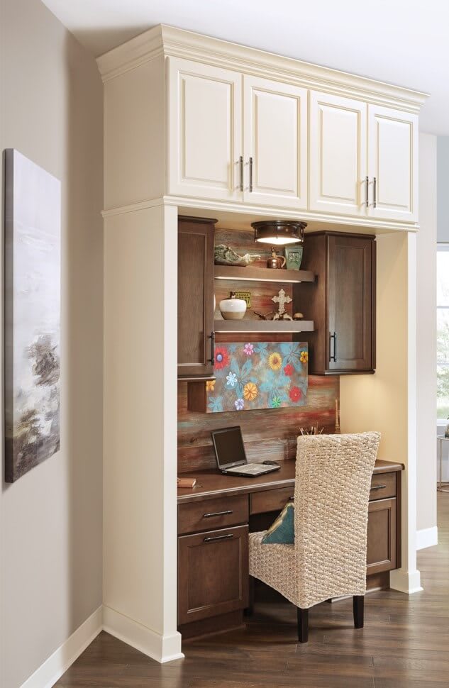 White home office nook with brown stained lowers as an alternative use for kitchen cabinets