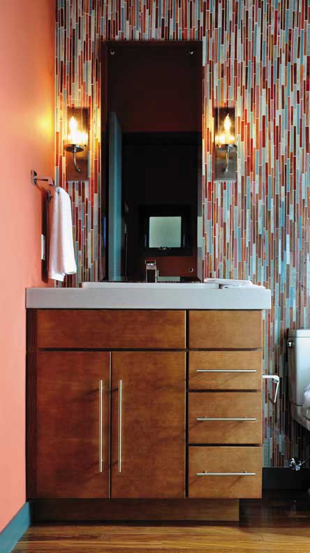 A Oak Bath featuring Barcelona cabinet doors in Caramel from Wellborn Cabinet, Inc.