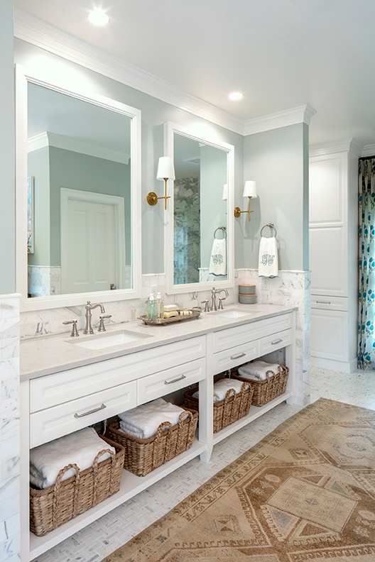 A Maple Bath featuring Davenport Square cabinet doors in Glacier from Wellborn Cabinet, Inc.