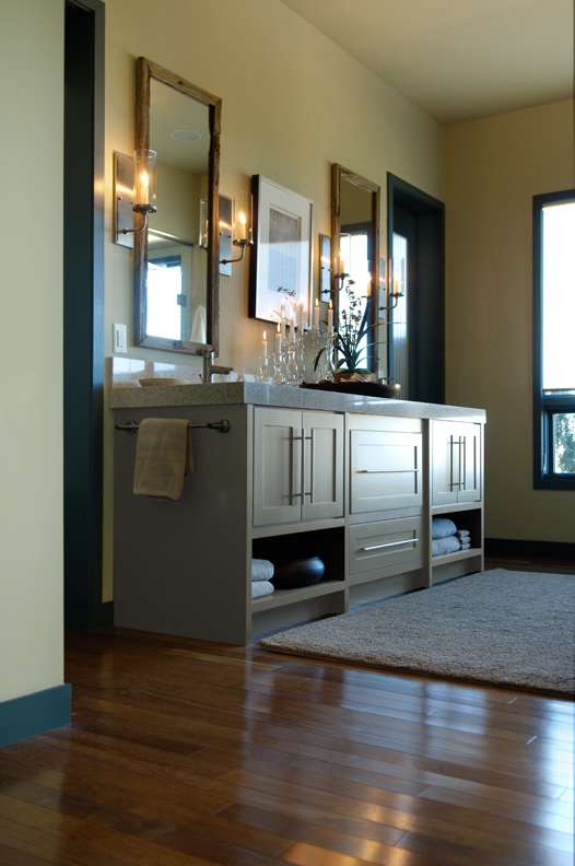 A Maple Bath featuring Hanover Inset cabinet doors in Olive from Wellborn Cabinet, Inc.